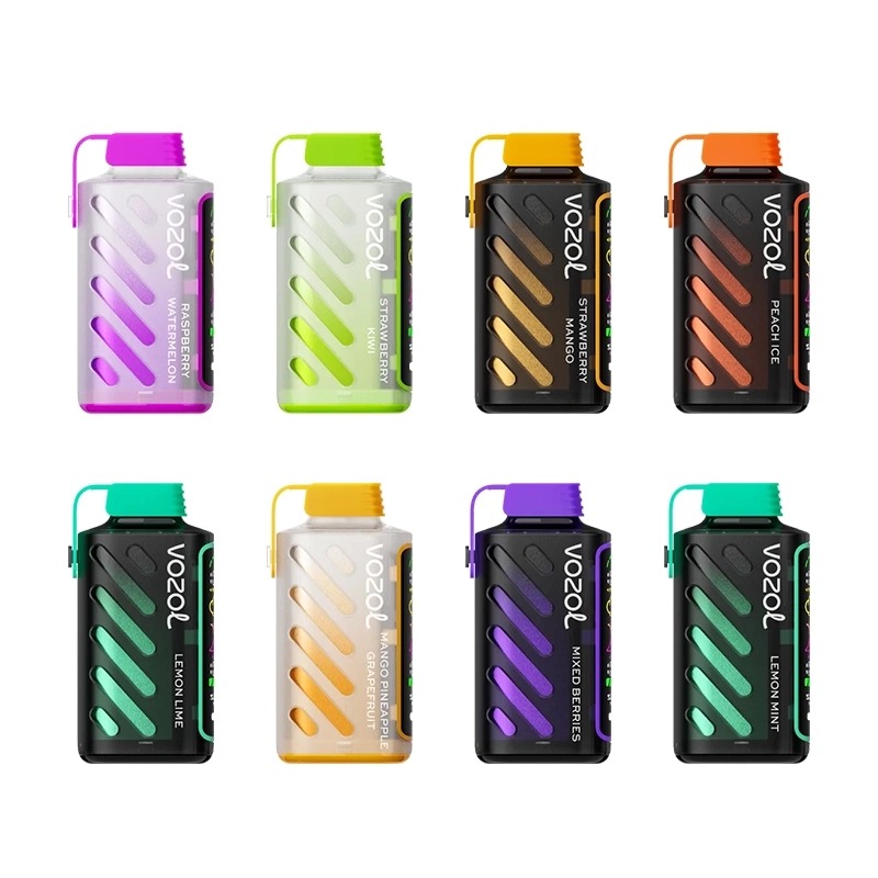 Vozol Gear Power 20000 Vapes with Mixed Flavors Eight Vozol Gear Power 20000 vapes in various colors and flavors, including Raspberry Watermelon, Strawberry Kiwi, Mango Pineapple Grapefruit, Peach Ice, Lemon Lime, Mixed Berries, and Lemon Mint.