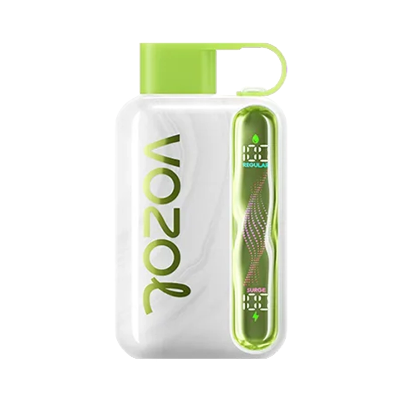 A Vozol Star 40000 vape device with a green top, featuring branding text and digital screen indicators on its sleek surface.