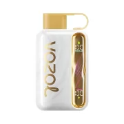 Close-up of Vozol Star 40000 electronic cigarette with white peach raspberry flavor. Features a sleek white and gold design with the VOZOL brand name prominently displayed on the side.