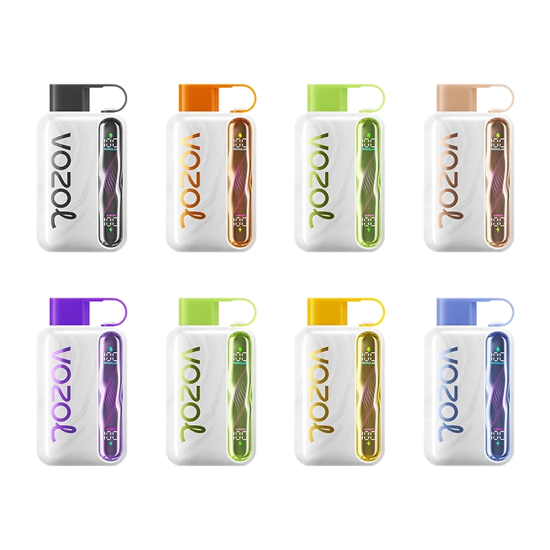 Collection of eight Vozol Star 40000 vape devices featuring vibrant colors and designs, highlighting the brand logo and flavor options.