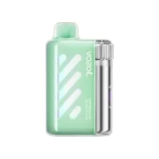 Close-up of a Vozol Vista vape device with a Watermelon Bubble Gum flavor, featuring a sleek green design and visible branding.