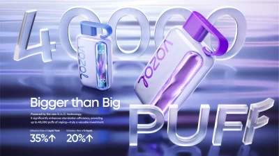VOZOL vape product featuring 40,000 puffs capability with S.I.L.C. technology for enhanced atomization efficiency, displayed alongside bold "Bigger than Big" and "PUFF" text.