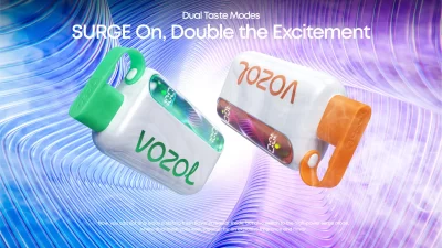Two VOZOL vape pods featuring the text "SURGE On, Double the Excitement," with green and orange accent colors and a dynamic wave background.