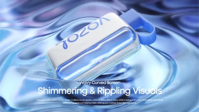 VOZOL vape device featuring a distinct wavy curved screen, set against a glistening rippling water background.