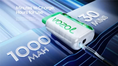 VOZOL vape device showcasing 1000mAh battery with text "Minutes to Charge, Hours for Use" and "30 MINS" emphasizing fast charging technology.