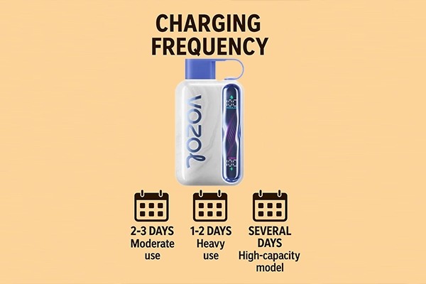 Visual infographic showcasing Vozol e-cigarette charging frequency with categories: 2-3 days for moderate use, 1-2 days for heavy use, and several days for high-capacity models, featuring the Vozol brand logo.